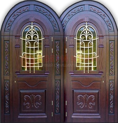 Индивидуальная арочная дверь со стеклом и ковкой ДА-19 в Омске
