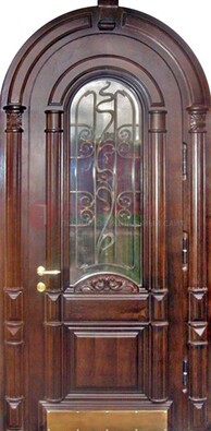 Арочная металлическая дверь массив со стеклом и ковкой ДА-50 в Егорьевске