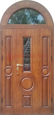 Двустворчатая железная дверь МДФ со стеклом в форме арки ДА-52 в Егорьевске