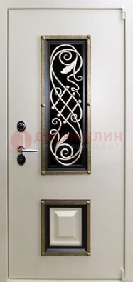 Белая стальная дверь с ковкой со стеклопакетом и МДФ ДК-30 в Егорьевске