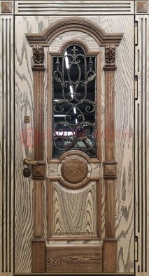 Железная дверь с массивом дуба со стеклом и ковкой ДМД-47 в Егорьевске