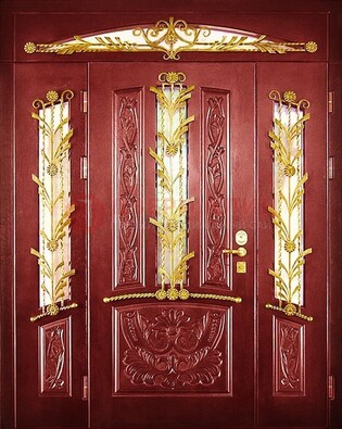 Бордовая железная парадная дверь со стеклом и ковкой ДПР-75 в Егорьевске