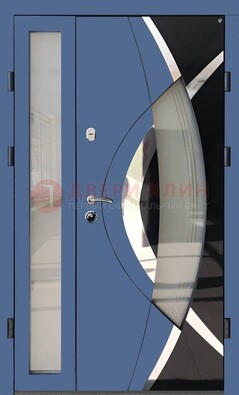 Синяя металлическая дверь со стеклом и узором ДС-13 в Егорьевске