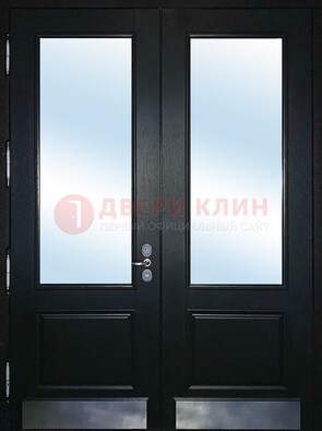 Черная двухстворчатая металлическая дверь со стеклом ДС-25 в Фрязино