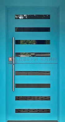 Голубая уличная дверь с МДФ панелью и стеклом ДС-51 в Егорьевске