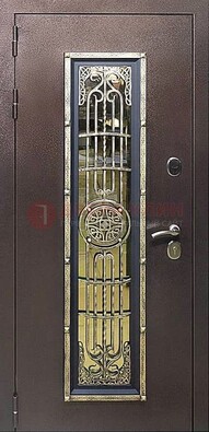 Железная дверь цвета медный антик со стеклом и ковкой ДСК-105 в Перми