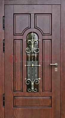 Cтальная дверь со стеклом и ковкой в коричневом цвете ДСК-119 в Егорьевске