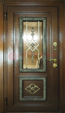Теплая входная дверь со стеклом и ковкой разноцветной ДСК-13 в Егорьевске