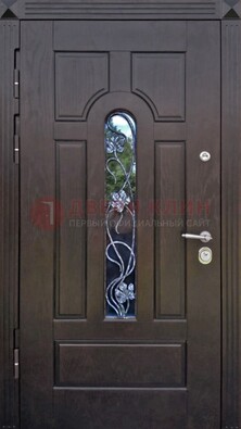 Металлическая дверь со стеклом и ковкой в цвете венге ДСК-142 в Егорьевске