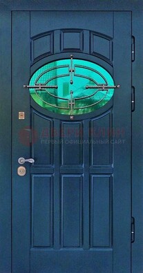 Синяя металлическая дверь со стеклом и ковкой ДСК-143 в Егорьевске