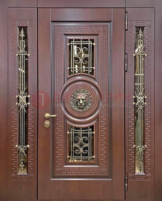 Коричневая стальная дверь со стеклом и ковкой ДСК-147 с фрамугами в Саратове