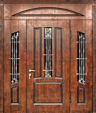 Стальная дверь со стеклом и ковкой с фрамугами ДСК-149 коричневая в Саратове