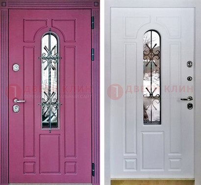 Розовая металлическая дверь со стеклом и ковкой ДСК-151 в Саратове