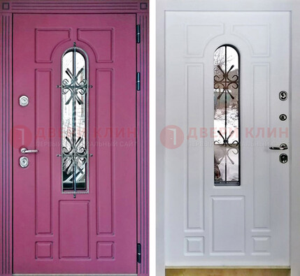 Розовая металлическая дверь со стеклом и ковкой ДСК-151 в Егорьевске