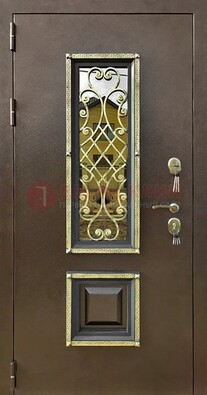 Входная дверь порошок со стеклом и ковкой для коттеджа ДСК-166 в Раменском