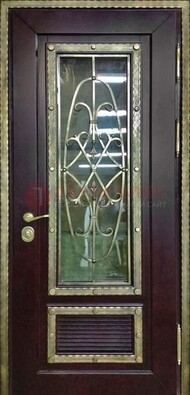 Темная уличная дверь порошок со стеклом и ковкой ДСК-167 в Егорьевске