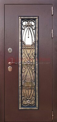 Коричневая стальная дверь порошок со стеклом и ковкой для дома ДСК-169 в Оренбурге