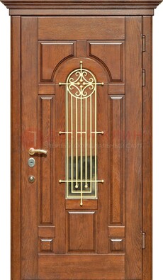 Коричневая железная дверь винорит со стеклом и ковкой ДСК-189 в Егорьевске