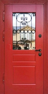 Красная железная дверь Винорит со стеклом и ковкой ДСК-205 в Егорьевске