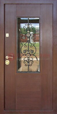 Входная дверь Винорит со стеклом и ковкой в коричневом цвете ДСК-212 в Орехово-Зуево