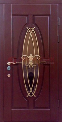 Бордовая стальная дверь Винорит со стеклом и ковкой ДСК-263 в Егорьевске