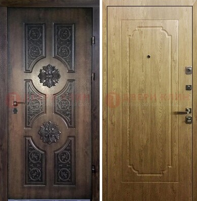 Железная коричневая дверь с виноритом и терморазрывом Золотой дуб внутри ДВТ-101 в Егорьевске