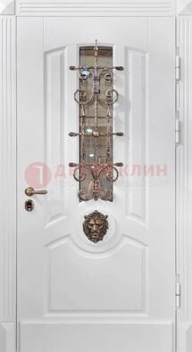 Белая металлическая дверь с виноритом и стеклом с ковкой ДВТ-165 в Егорьевске