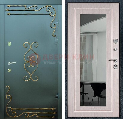 Железная темная дверь c порошковым напылением и МДФ Белый дуб с зеркалом ДЗ-110 в Егорьевске