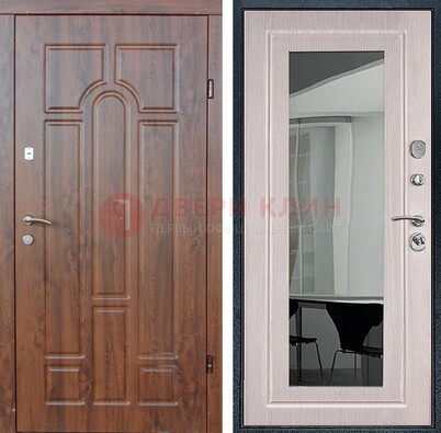 Входная коричневая дверь с МДФ Белый дуб и зеркалом ДЗ-126 в Егорьевске