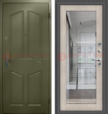 Зеленая стальная дверь с МДФ панелями и зеркалом ДЗ-137 в Мурино