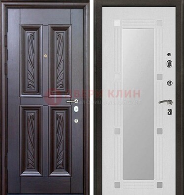 Коричневая стальная дверь с зеркалом МДФ внутри ДЗ-44 в Егорьевске