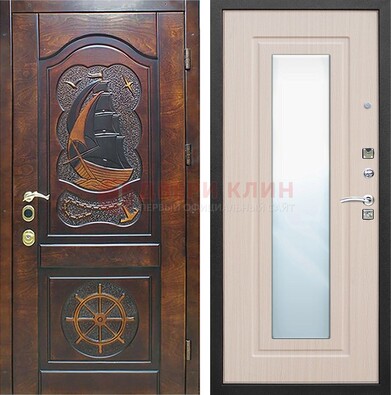 Темная дверь с резьбой и зеркалом внутри ДЗ-49 в Егорьевске