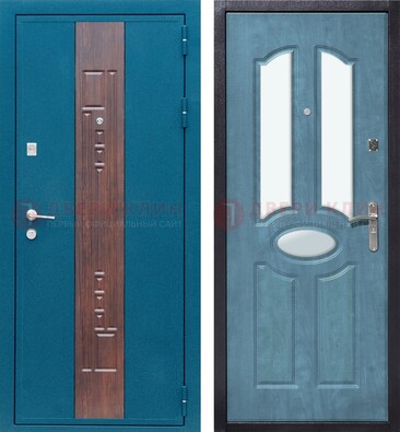 Голубая металлическая дверь МДФ с тремя зеркальными вставками ДЗ-78 в Бронницах