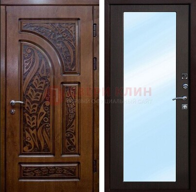 Коричневая входная дверь c узором и виноритом МДФ с зеркалом ДЗ-98 в Егорьевске