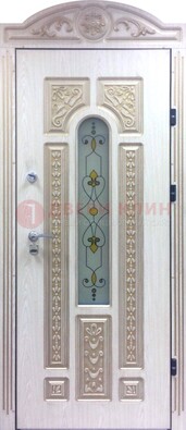 Белая железная дверь с МДФ и витражом ВЖ-26 в Егорьевске