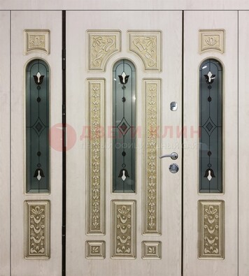 Светлая железная дверь с МДФ и витражом ВЖ-34 в Егорьевске