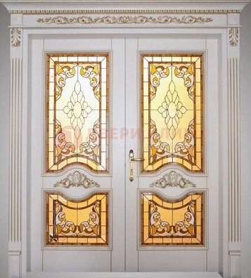 Элитная металлическая дверь с витражом и отделкой массив ВЖ-4 в Егорьевске