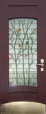 Бордовая стальная дверь с витражом и декоративным элементом ВЖ-3 в Егорьевске